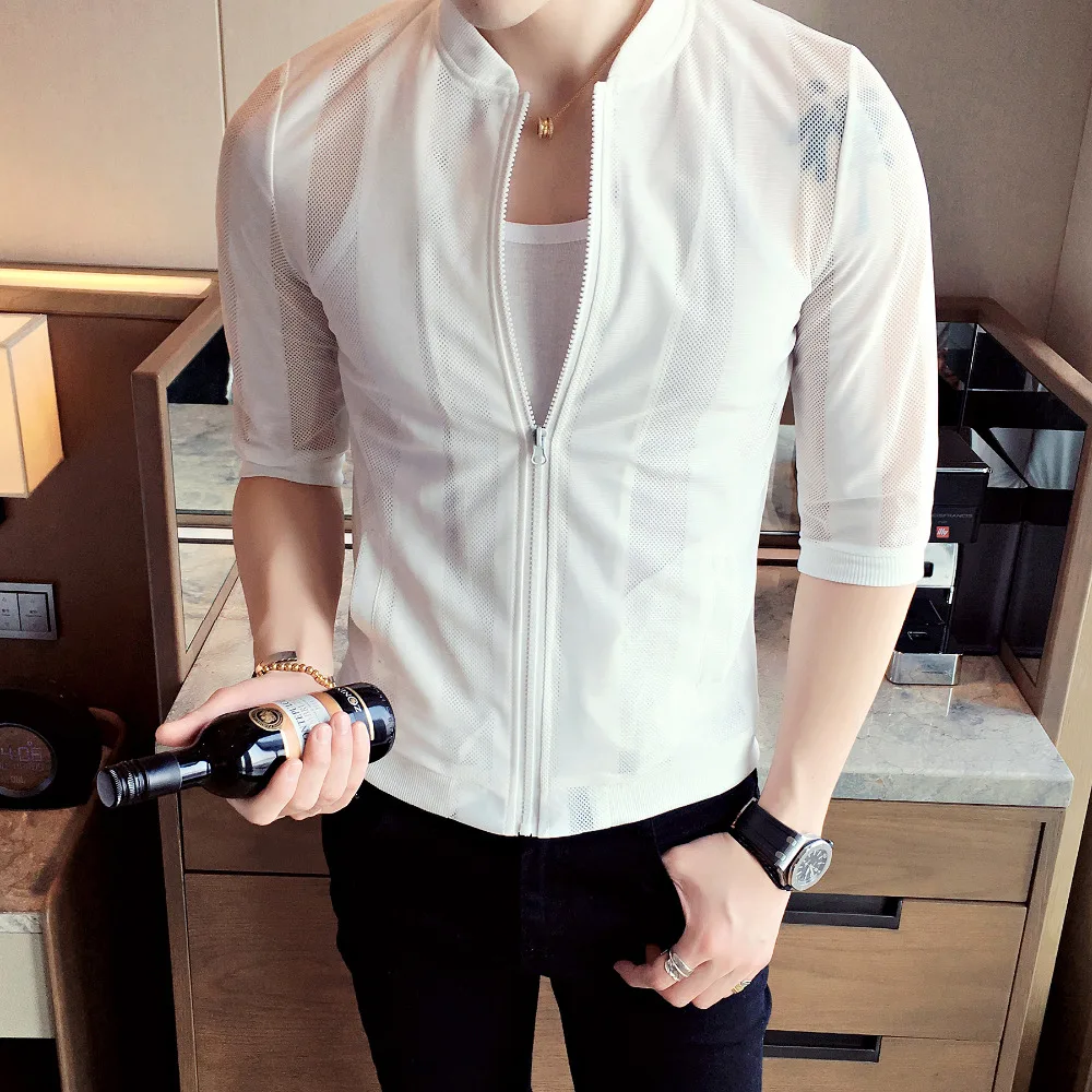 

High Quality Summer Thin Jacket Men Brand New 2019 Half Sleeve Bomber Jacket Hollow Breathable Sun Protection Clothing 3XL-M