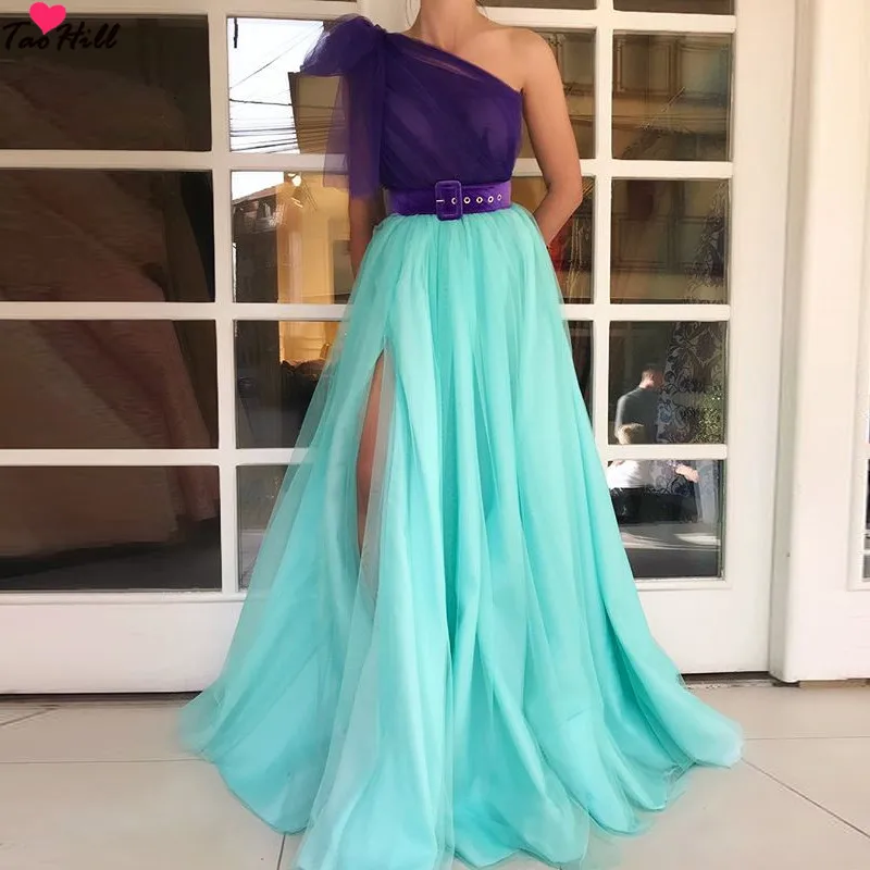 

TaoHill One Shoulder Evening Dress Purple and Green Belt High Slit Evening Dress Elegant Women 2019