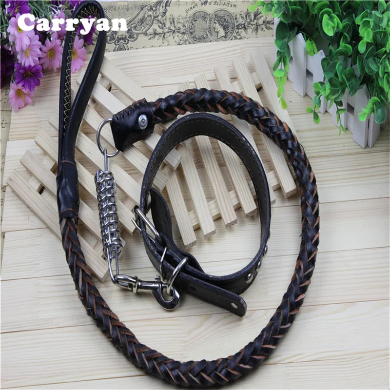 Genuine Leather Large Dog Leashes Pet Traction Rope Collar Set For Big