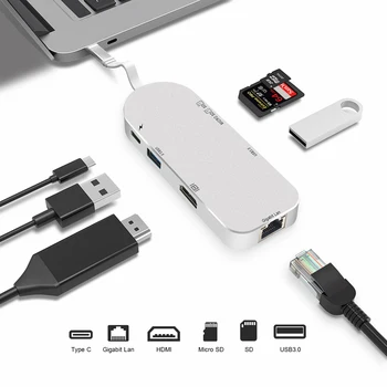 

7 in 1 USB-C USB 3.1 Type C to HDMI 4K 1000M Rj45 Gigabit Ethernet SD/TF Card Reader USB 3.0 Hub with Type C PD Charging Port
