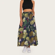 Wasteheart Summer Black Bohemian Women Fashion Sexy Skirt High Waist Ankle Skirt Flower Printed Long Skirts Beath A-Line