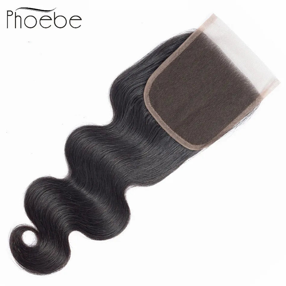 

Phoebe 100% Human Hair 4*4 Lace Closure Malaysia Body Wave Hair Extensions Non-Remy Natural Black Closure Hand Tied
