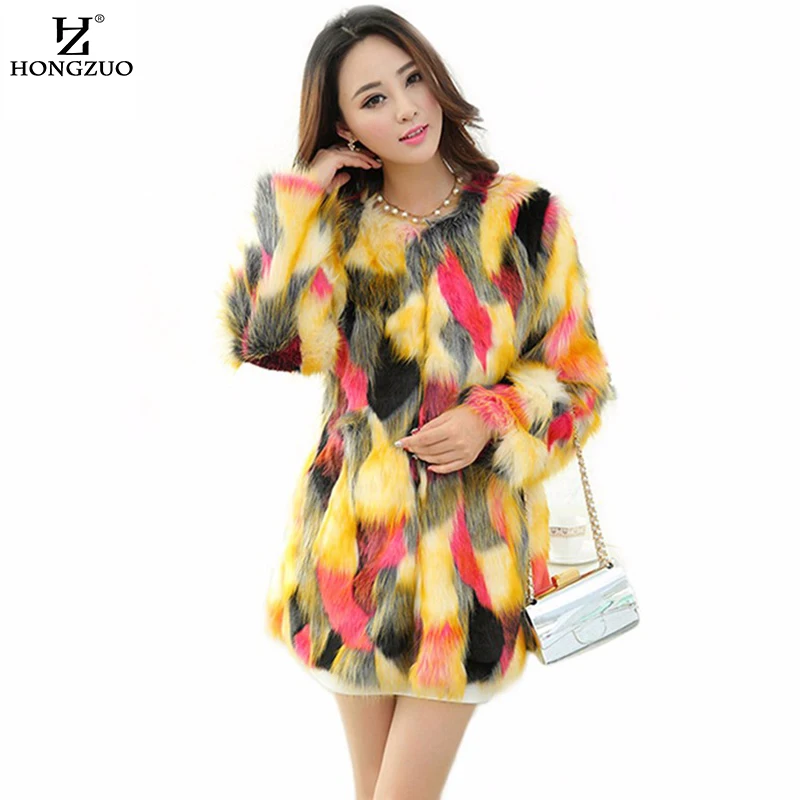 

HONGZUO 2018 Women Colorful Fur Coat Fashion Slim Fur Gradual Color Faux Fur Coat Long Jacket Overcoat Parka PC117