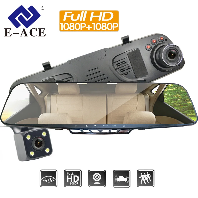 

E-ACE A28 4.3 Inch Dual 1080P HD Mirror DVR Cam Night Vision Car DVR Dash Cam Reverse Parking Line with Rear View Camera Dashcam