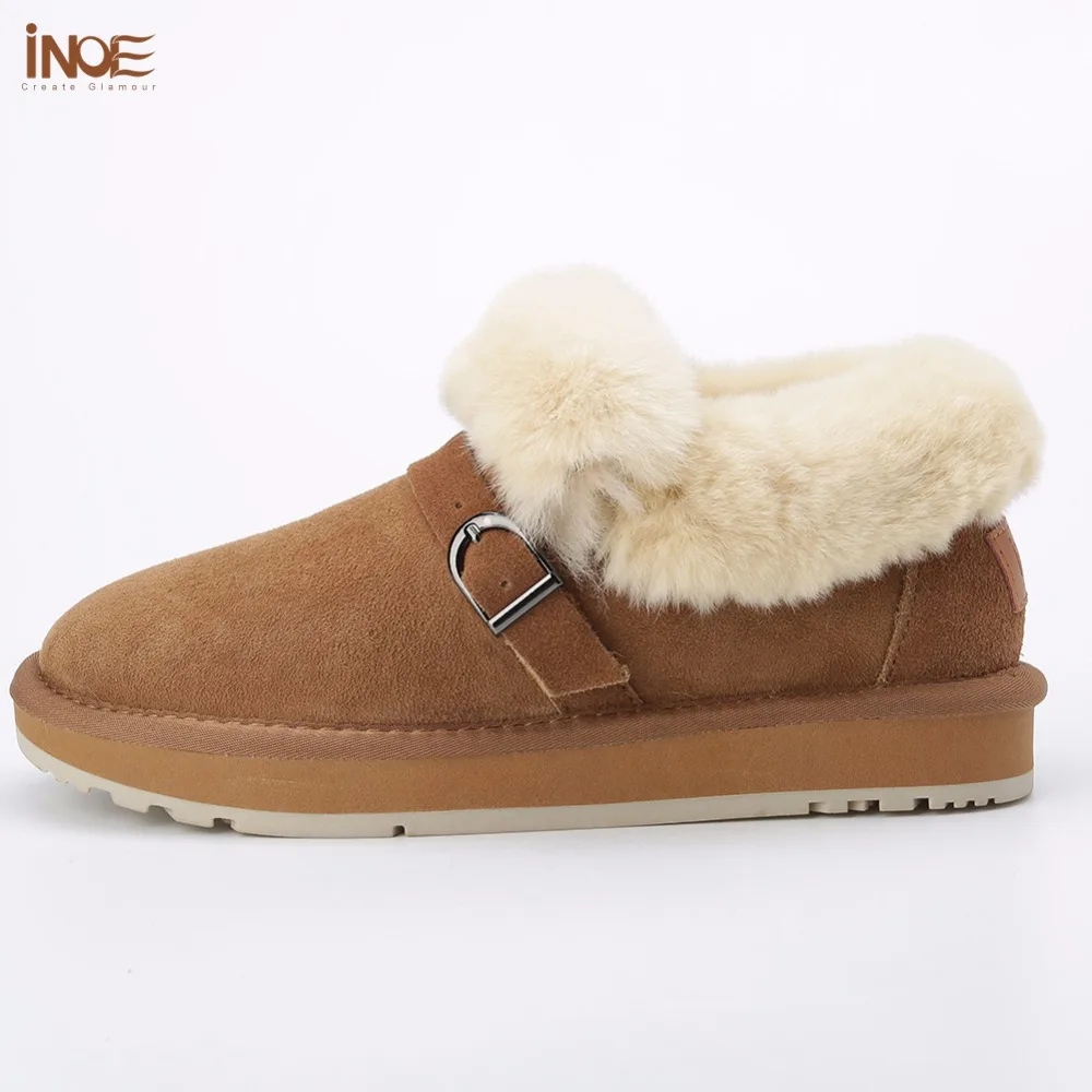 Ceny INOE skóra owcza zamszowa wełna futro pokryte kobiety krótkie kostki buty zimowe dla kobiety śnieg buty ciepłe buty mieszkania antypoślizgowa podeszwa