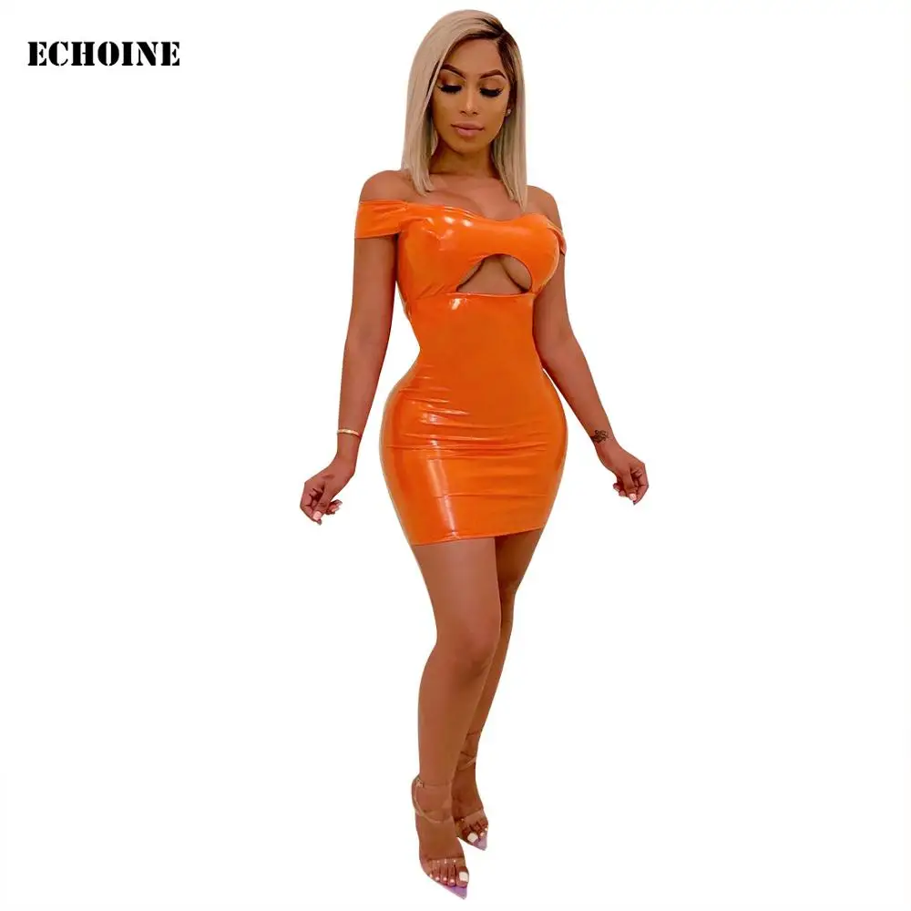 

PU Leather Mini Dress Sexy Off-shoulder Bodycon Evening Party Dress Hole Hollow Out