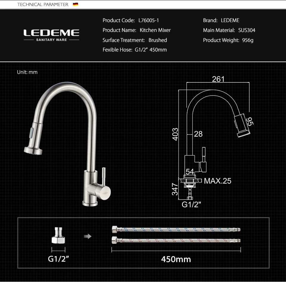 LEDEME Kitchen Faucet 360 Degree Rotation Pull Out Tap Sink Mixer Taps Brushed Stainless Steel Kitchen Faucets L76005-1 round kitchen sink