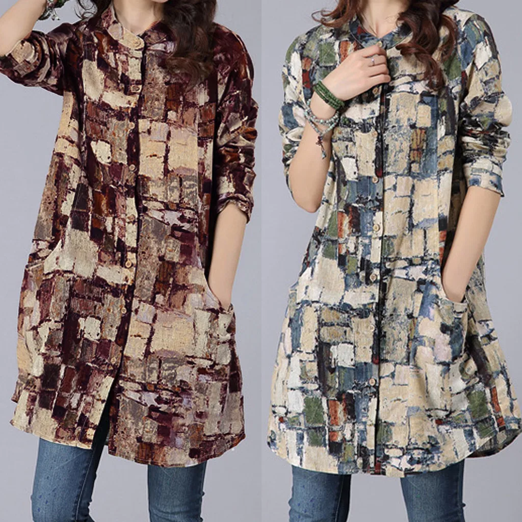 

Fashion Top 2019 Women Mid-length Cotton Linen Long-sleeved Shirt Printed Collar Top T-Shirt