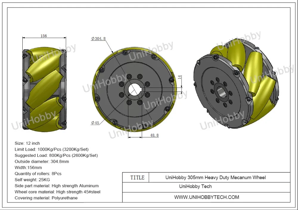 UniHobby 12 inch305mm Mecanum Wheels  UH305A Heavy Duty Industrial Mecanum Wheels with 8 PU roller Max Load 3200KG(4PCSSET)
