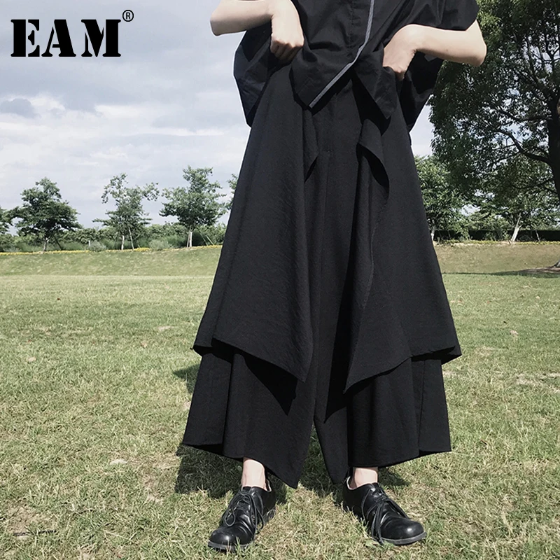 

[EAM] 2019 New Autumn Winter High Elastic Waist Irregular Pleated Loose Big Size Pants Women Trousers Fashion Tide JX237