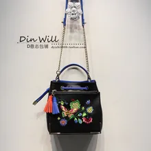 Высококачественная женская сумка из овчины с вышивкой, сумочка на одно плечо с цепочкой, маленькая сумка-мешок