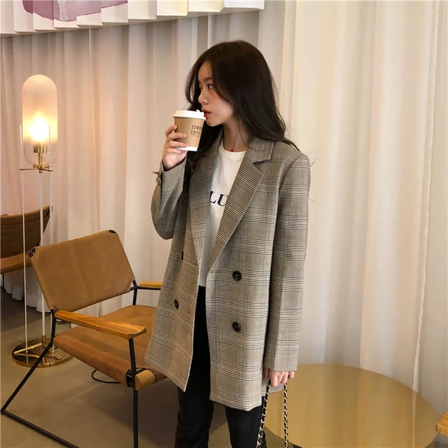 Office Ladies Notched Collar Plaid Women Blazer Double Breasted Autumn Jacket 2020 Casual Pockets Female Suits Coat -