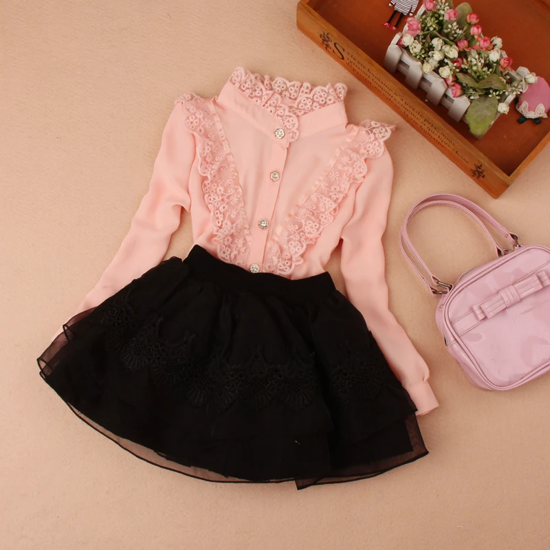 

Girls school blouses 2019 Autumn children clothing baby girl clothes chiffon child shirt lace patchwork blusas kids clothes
