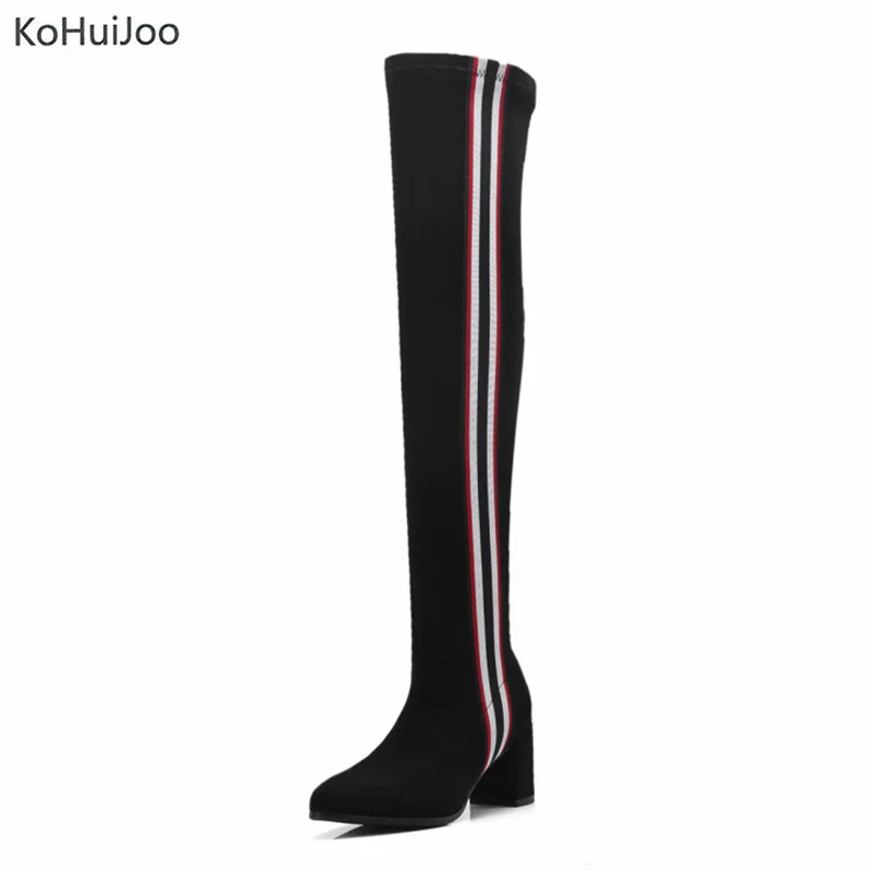 

KoHuiJoo 2018 New Over The Knee Boots for Women Round Toe Slip on Platform Long Boots Black Gray Shoes Chunky Heel High Heels