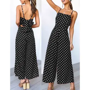 

Sexy Sleeveless jumpsuit women long romper summer lace up Back bow bodysuit trousers beach coveralls playsuit female dot frock