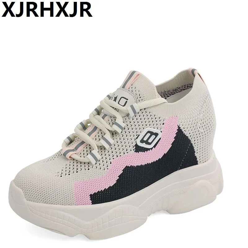 

XJRHXJR Women Platform Sneakers 2019 Summer Breathable Mesh Shoes Women Wedges Heels Casual Shoes 8 CM Thick Sole Trainers