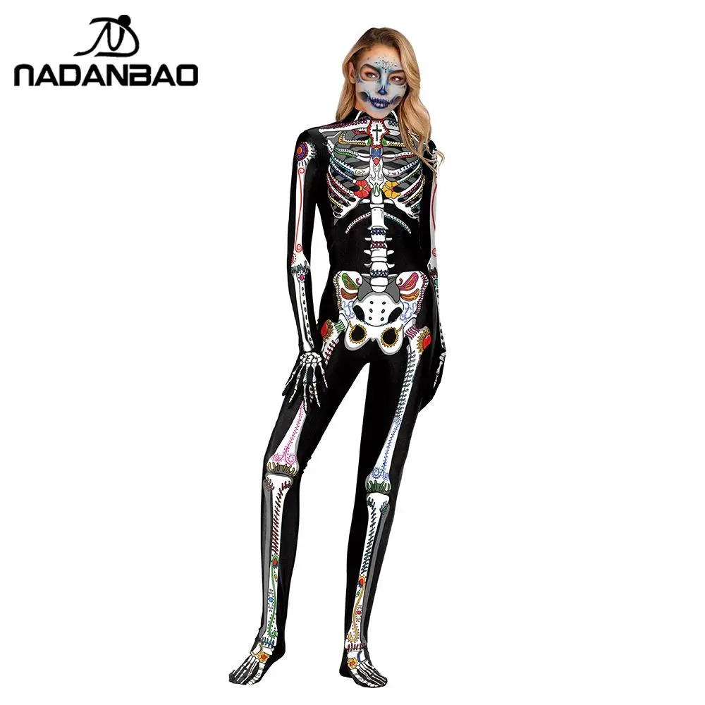 

NADANBAO Scary Halloween Cosplay Costume Skeleton Jumpsuit For Women Unisex Bodysuits Elastic Catsuits Disguise Woman