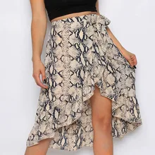 Юбка со змеиным принтом Летние повседневные Асимметричные Кружева Высокая талия до середины икры юбки бант галстук подол оборка обертывание faldas para mujer#10
