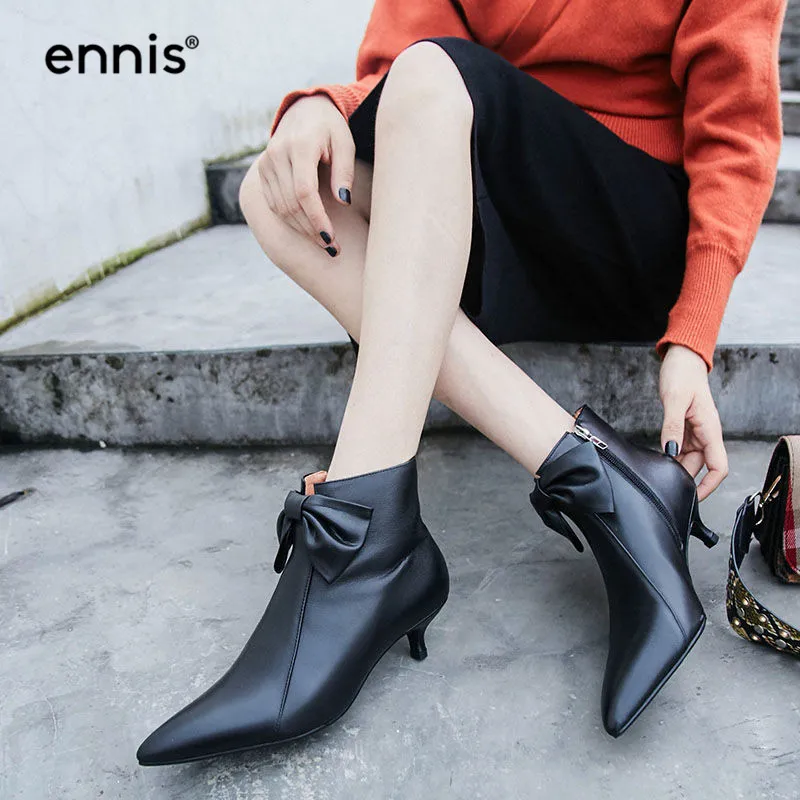 Botines pink Fino Negro Cuero Invierno Zip Talón Zapatos Punta Ennis Dedo Tobillo Genuino Mujeres Black De 2018 Botas Rosa Pie A8140 Otoño Bowtie Del WwnUqYg0