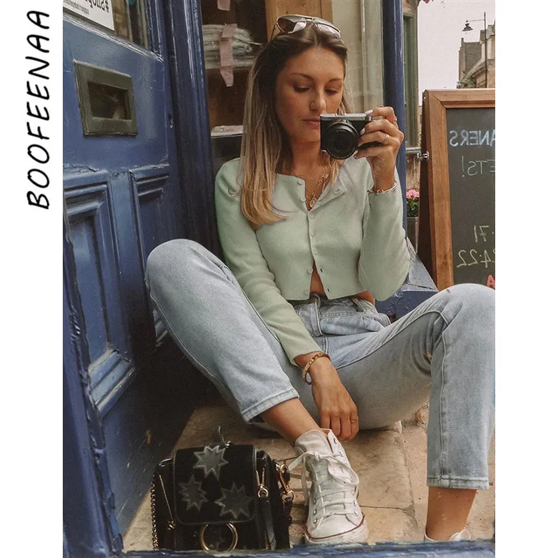 BOOFEENAA Light Green Casual Sexy Cardigan Ribbed Knitted Crop Sweater Shirts Women Fall Winter Clothes Long Sleeve Tops C71AZ88