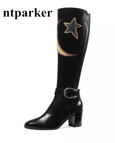 Women Black Leather Motorcycle Boots Knee High Knight Boot Shoes Woman Star Moon Crystal Botas Mujer Fashion Chaussure Femmes