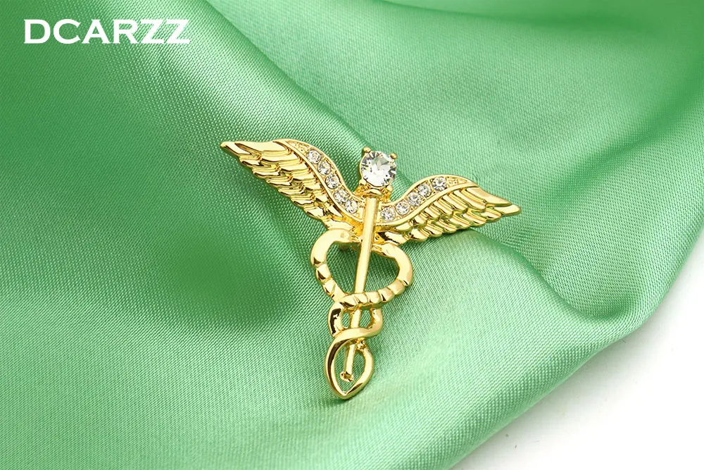 Gold Color Caduceus Pin Medical Jewelry Gift for Doctor/Nurse/Medical Student Rod Of Asclepius Emergency Crystal Brooch Fashion Jewelry