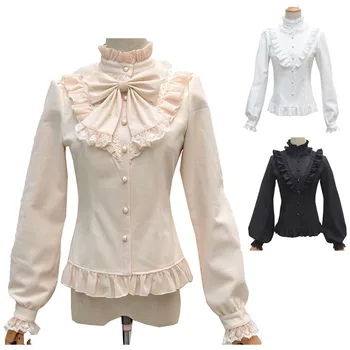 

Winter High Neck Collar Velvet Lace Blouse Women White Black Vintage Ruffle Shirt Long Sleeves Fit Top For Ladies Black White