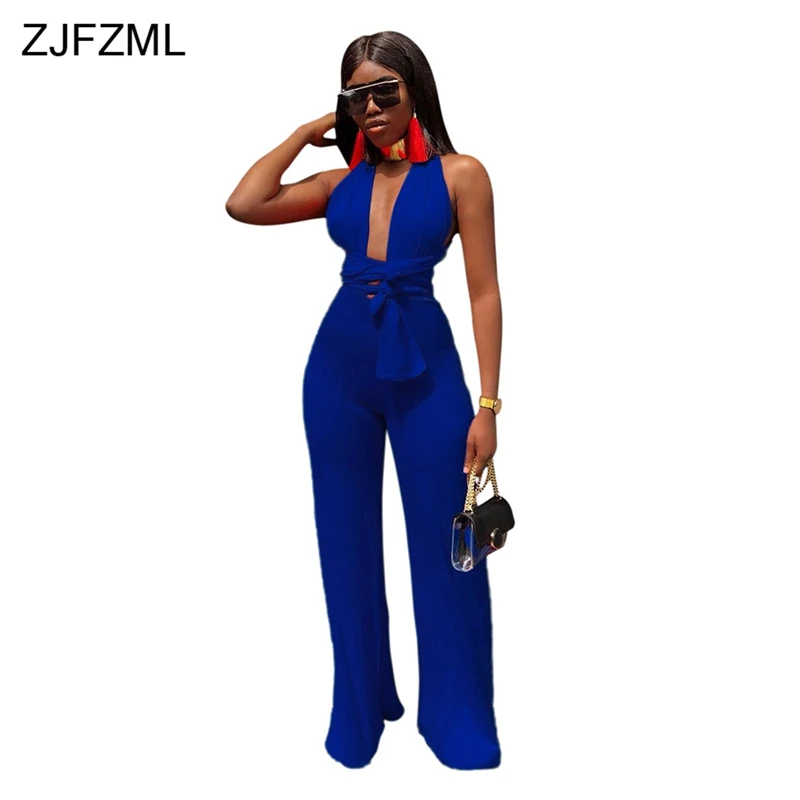 ZJFZML Sexy Backless Lace Up Bodycon Jumpsuit Women Deep V Neck Sleeveless Party Club Bodysuit 2018 Casual Solid Wide Leg Romper