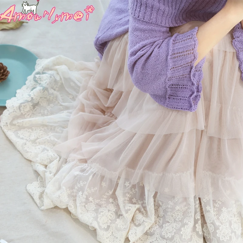 Японская Мори девушка Кружевная Сетка вышивка Фея плиссированная юбка Французская романтическая милая Лолита принцесса длинная юбка женские макси юбки