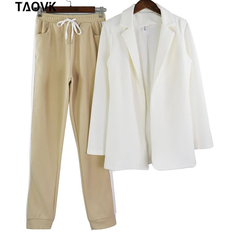 TAOVK Women's Suits Turn-down Collar Jacket White Striped Pant two Pieces Set Pant Suits woman's sport costumes Feminine clothes