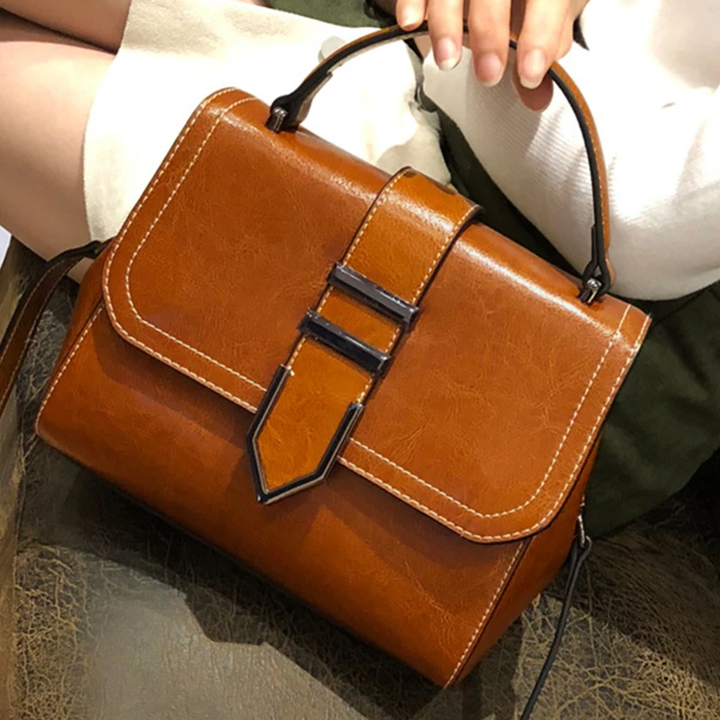 

Genuine Leather Women Shoulder Crossbody Bag High Quality Tote Handbag Casual Fashion Oil Wax Cowhide Top Handle Messenger Bags