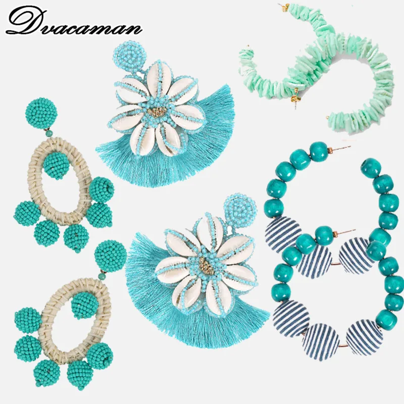 

Dvacaman 2019 Bohemian Blue Flower Beads Drop Earrings for Women Trendy Tassel Shell Statement Earrings Pendant Wedding Jewelry