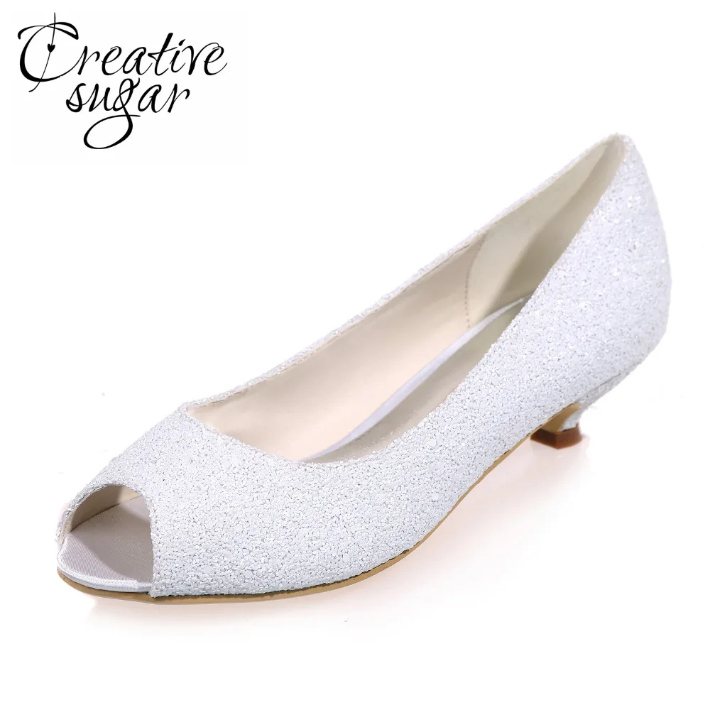 Creativesugar woman open toe med low heels 3D glitter white ivory party wedding evening dress prom homecoming shoes nubuck feel 