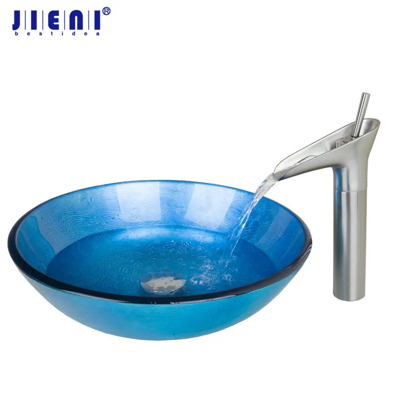Blue Bathroom Sink Round Tempered Glass Bathroom Sink Set With Brushed