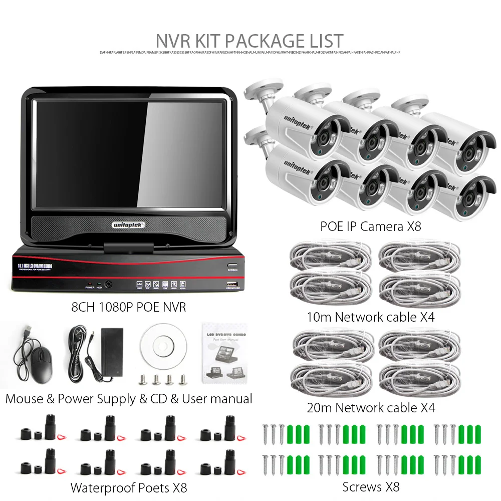 8CH камера безопасности системы с 8 шт наружная ip POE 1080 P PoE NVR комплект 10 1 ЖК монитор