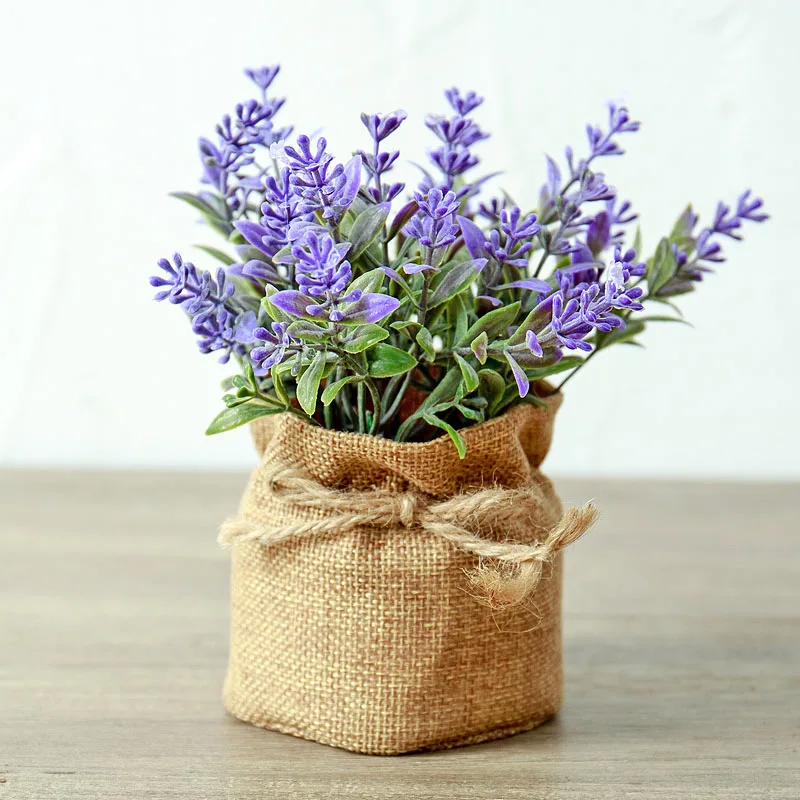 Artificial Flower 5Z Postral Стиль Искусственные цветы в горшках пеньковый мешок цветок бонсай Miniascape лаванды цветы бонсай для украшения стен или стола - Цвет: Artificial Flower 5Z