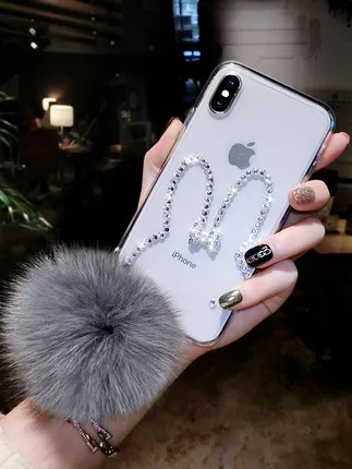 

Handwork Rhinestone Rabbit Fur ball Bling Diamonds Soft Case Cover For Huawei Honor 8 9 10 20 Lite V10 V20 7X 8X Nova5 3 4 5