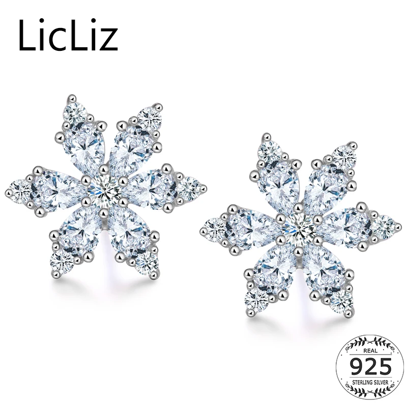 Licliz 925 Silver Star Серьги гвоздики Для женщин CZ Циркон снежинка Стад Пронзительный