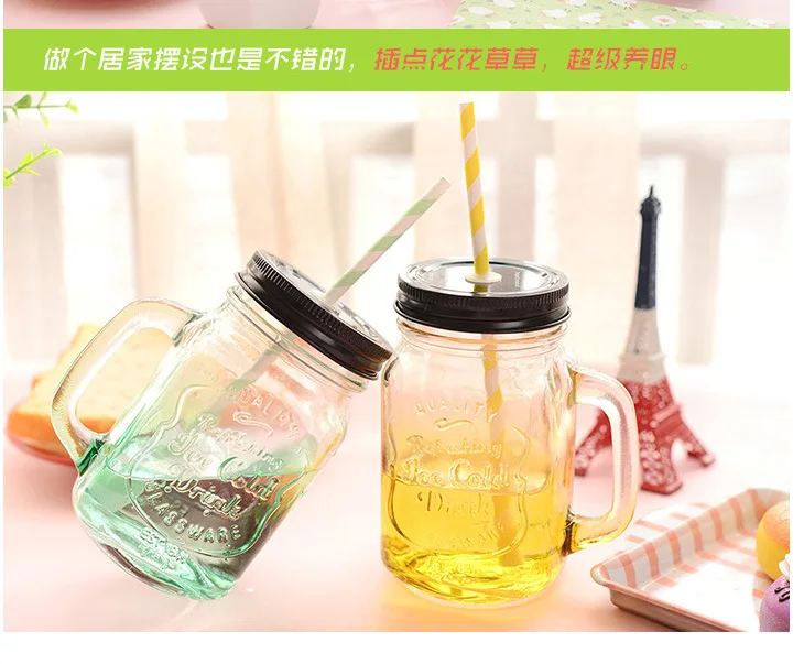 450ml Glass Mason Jar Mug with Lid and Straw Summer Ice Cream Fruit Cold Drinking Water Jars Juice Cup