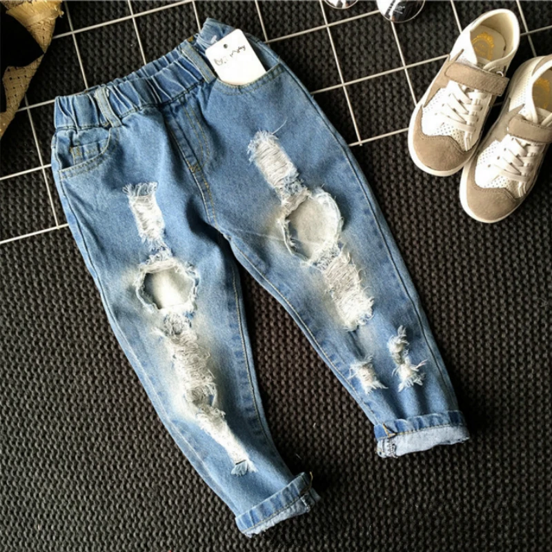 

2018New Children's Jeans Boys Girls High Quality Fashion All Match Hole Jeans Cotton100% Solid Leisure Pant Kid Clothes