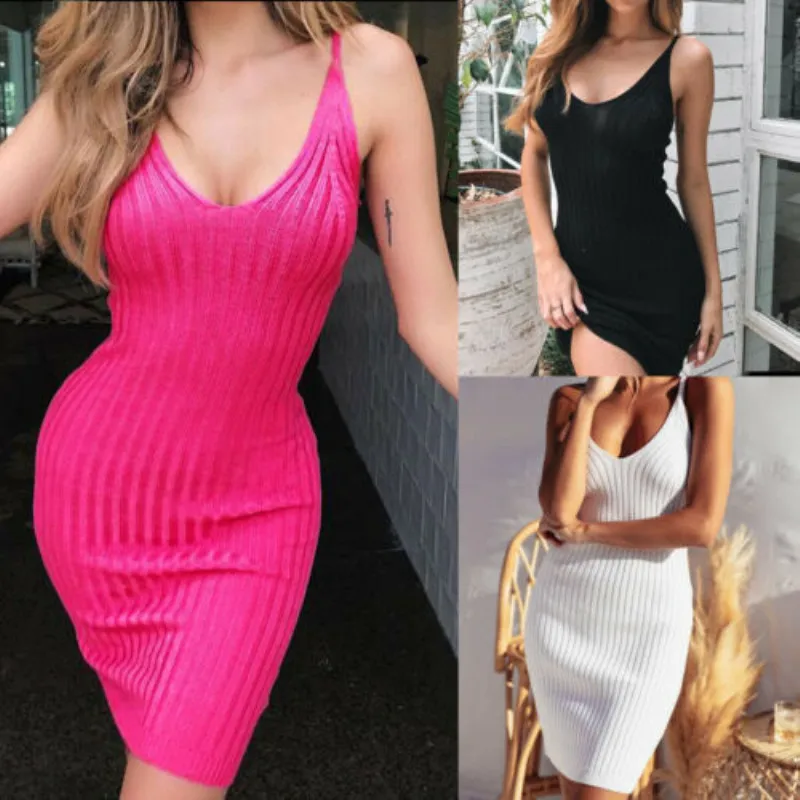 

2019 UK Sexy New Dress Women V-Neck Backless Sleevelss Knit Solid Color Short Dress Summer Slim Cocktail Party Club Beach Dress