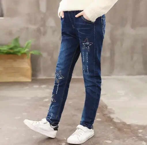 Осенне-зимние штаны для девочек Длинные Стильные хлопковые джинсы для малышей плотные детские джинсовые брюки теплые бархатные брюки детские джинсы