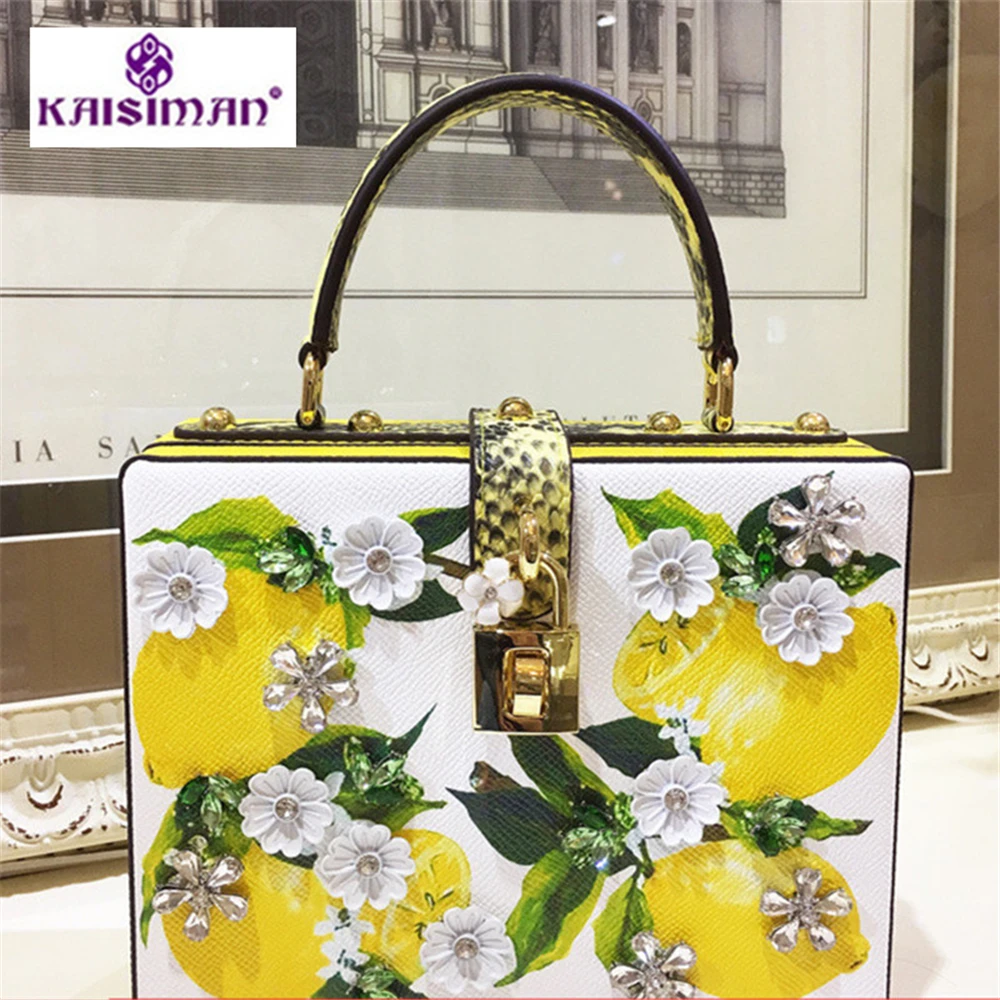 

100% Genuine Leather Women Bags/Handbag 3D Printing Lemon Shoulder Bag Totes Lady Diamond Crystal Bag Super AAA Original Quality