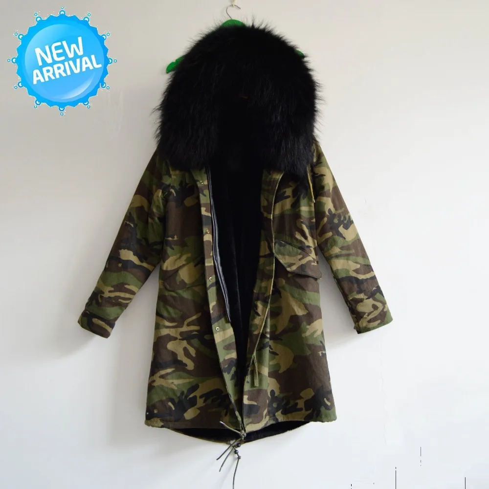 Мужское зимнее пальто камуфляжная куртка с большим мехом черные длинные меховые