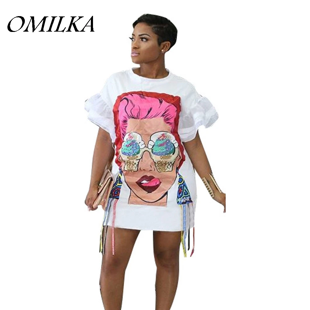 

OMILKA 2018 Summer Women Batwing Sleeve Mesh Cartoon Printed T Shirt Dress Sexy Black White Harajuku Hip Hop Streetwear Dress