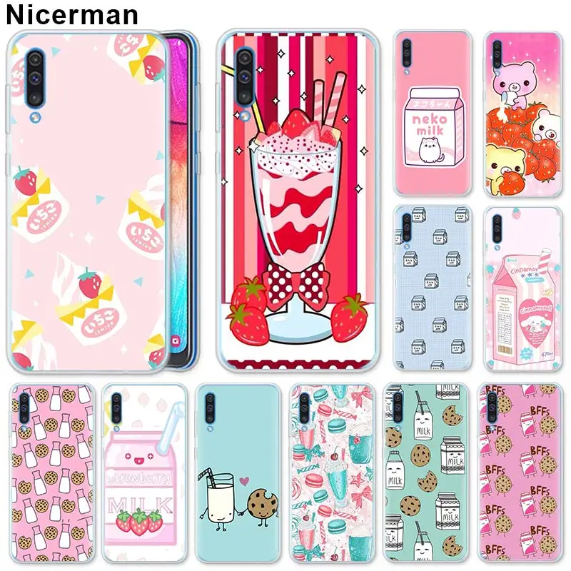 

Soft TPU Case for Samsung Galaxy A50 A70 A40 A20e A10 A30 A80 A6 A8 Plus A7 A9 Cover Kawaii Japanese Strawberry Milk Silicone Ca