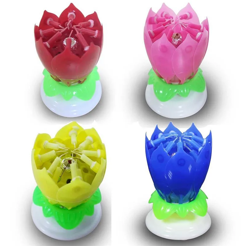 

Free shipping 4Pcs/set the Amazing Two Layers with 14 Small Candles Lotus Happy Birthday Spin Singing Music Candle