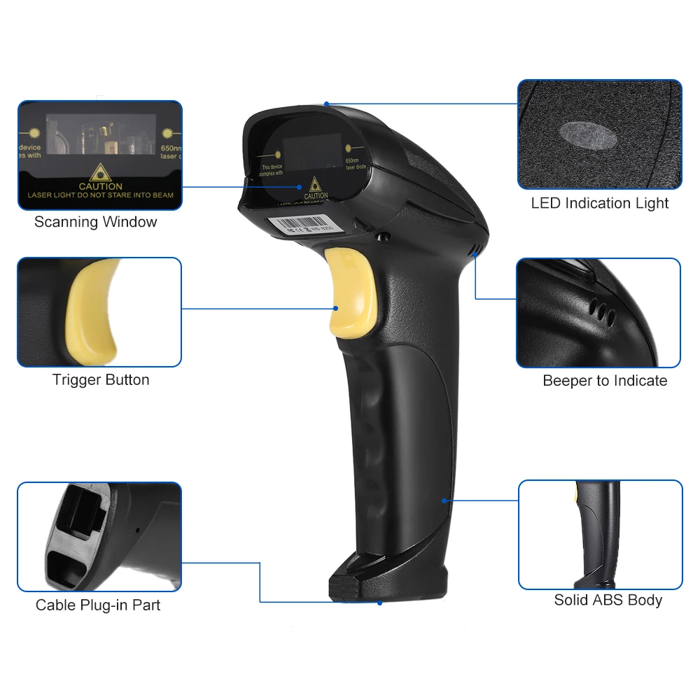 Rugline Handheld Store Low Price Laser Barcode Scanner Wired 1D USB Cable Bar Code Reader for POS System Supermarket RS8200