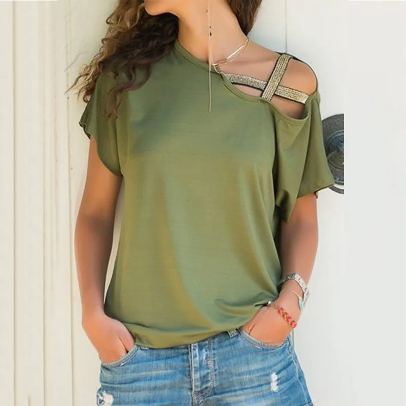 S-5XL Women Skew Neck Irregular Criss Cross Blouse Patchwork Solid Tops Blusa Femme One Shoulder Summer Shirt Hollow Plus Size