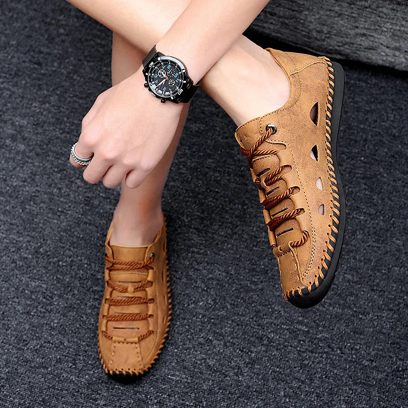 Летняя новая мужская обувь в стиле бобов корейская мода кожаная обувь для отдыха мужская удобная и портативная обувь с перфорацией
